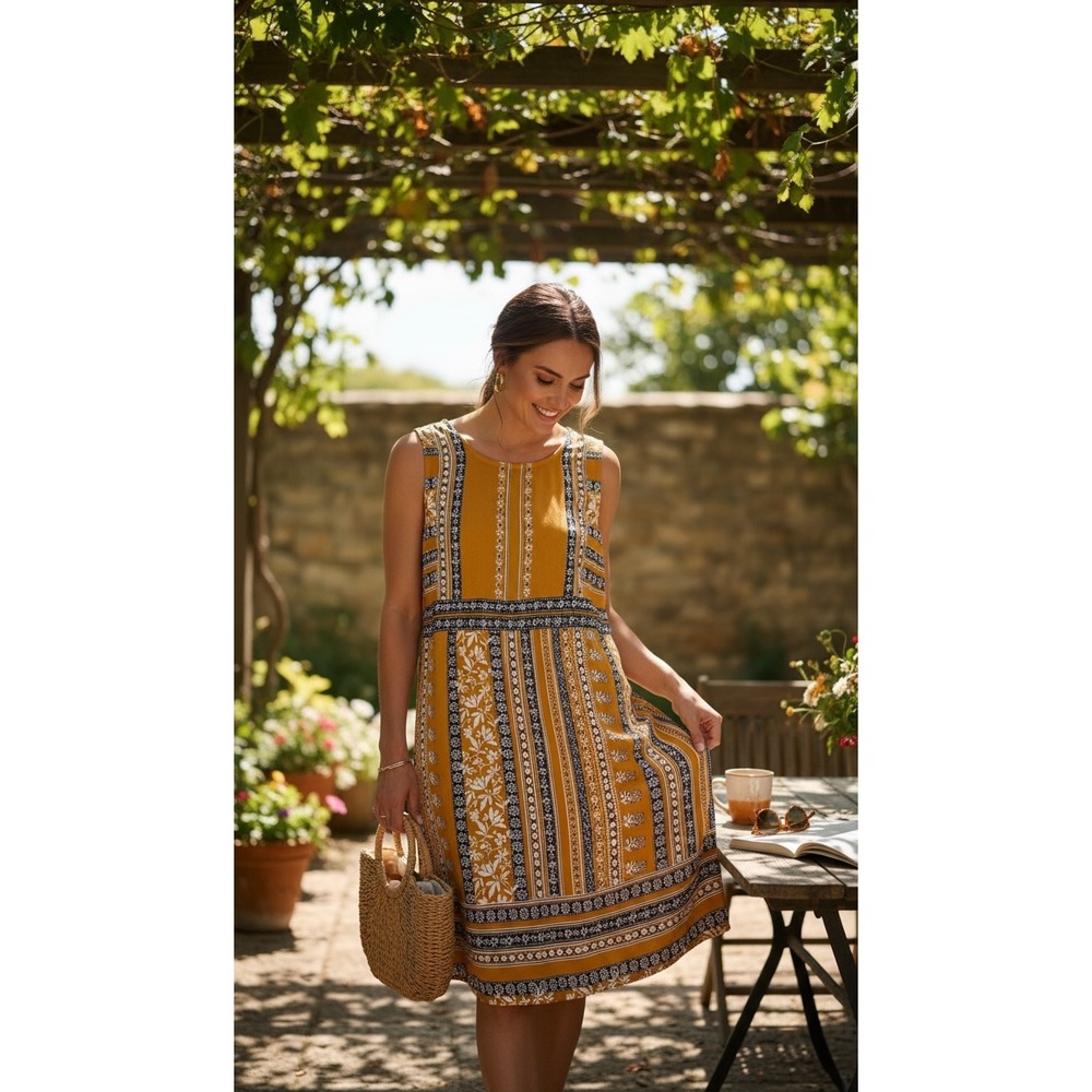 Maurices Mustard Yellow Floral Tile Print Sleeveless Shift Dress Back Cutout M